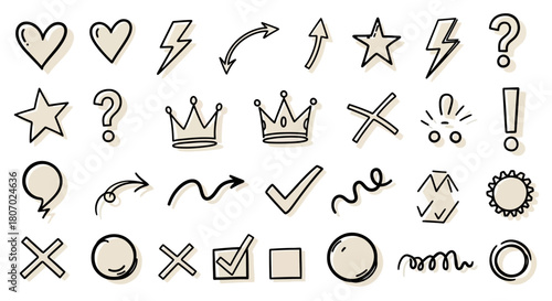 Collection of hand-drawn doodles and symbols, including hearts, stars, arrows, and checks, for design elements