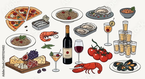 Assortment of Culinary Delights Pizza, Pasta, Seafood, Wine, and Appetizers