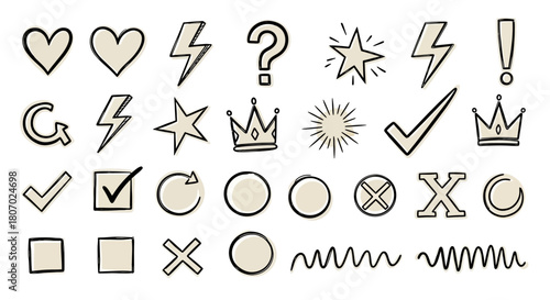 Hand-drawn set of doodle icons, including hearts, lightning bolts, checkmarks, and more, perfect for design elements