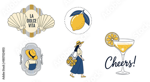 Collection of Summer-Themed Illustrations Including Lemons, Cocktails, and Coastal Elements