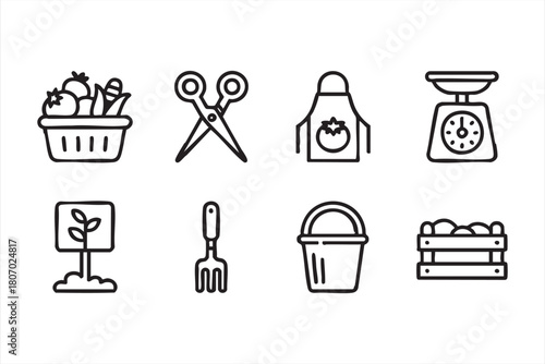 Garden and kitchen icon set with produce baskets, tools and equipment for UI layouts