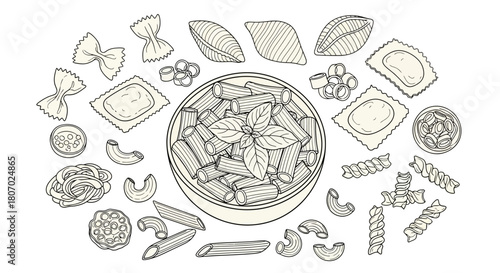 Various Pasta Shapes Arranged with Rigatoni in Bowl, Ideal for Food and Cooking Content