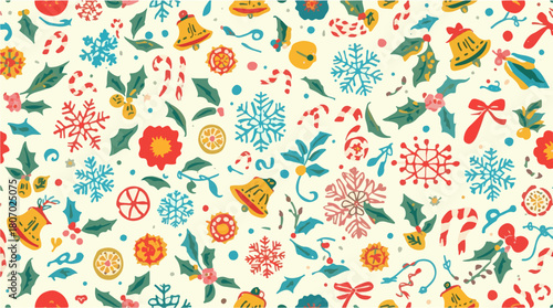 Vector Template featuring a vibrant and colorful Christmas pattern with hand-drawn winter holiday elements, including snowflakes, holly leaves, and bells 