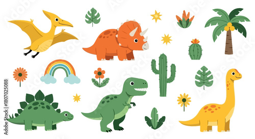 Colorful Cartoon Dinosaur Collection with Pterodactyl, Triceratops, and More Elements for Fun Designs