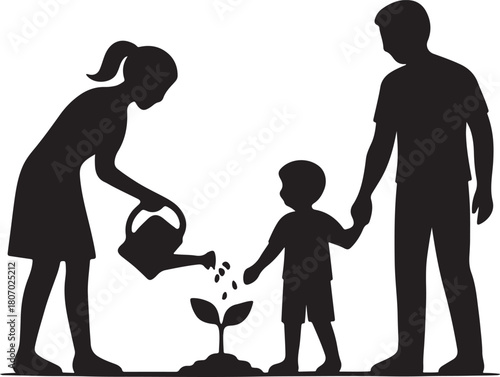 Watering plant and holding hands family showing parenting and nurture care silhouette vector