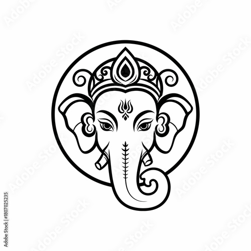 Intricate black and white illustration depicting the Hindu deity Ganesha, encircled.