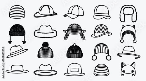 Collection of different hat styles in simple black and white illustration