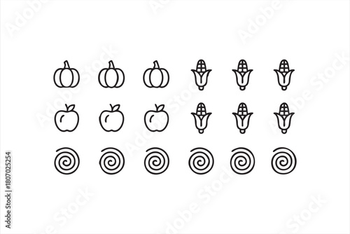 Fall produce graphics with pumpkins, apples and corn cobs for web and interface design