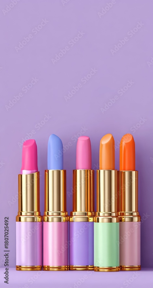 Obraz premium Colorful lipsticks in pastel shades against a purple background