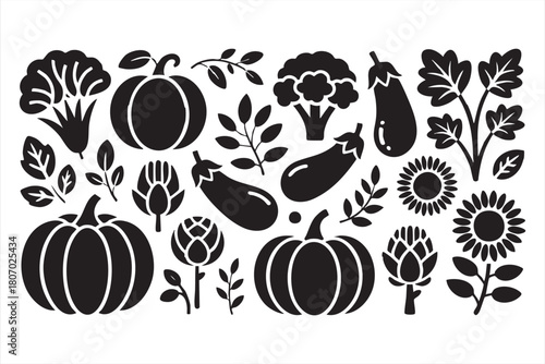 Seasonal produce silhouettes with pumpkins, broccoli, sunflowers and foliage for web design