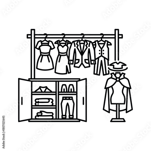 Wardrobe with clothes on hangers and mannequin isolated on