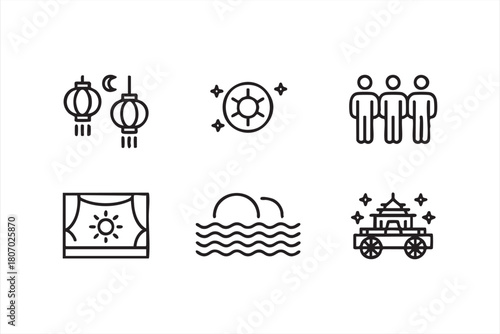 Parade and festival outline graphics with moon symbols, stars and mobile shrine for web design