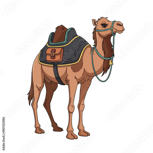 Camel with Saddle and Bridle Vector Illustration