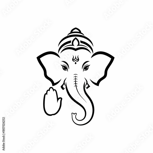 Stylized black and white illustration of Lord Ganesha's head, featuring an elephant trunk and a raised blessing hand.