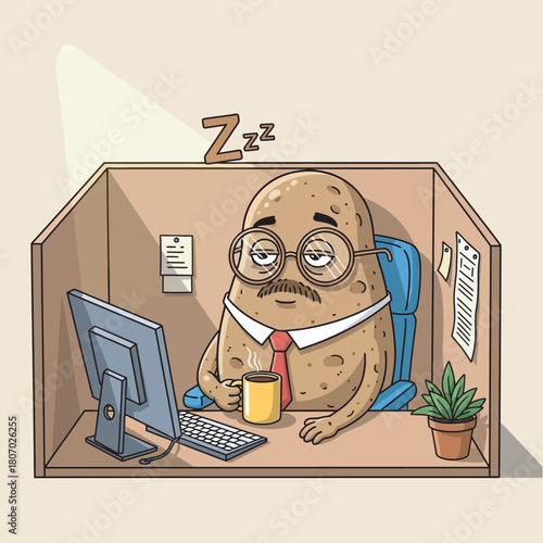 A tired potato character wearing glasses and a tie, working in a cubicle.