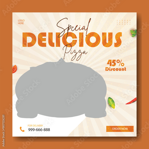 Delicious hot pizza special offer with fresh tomatoes and basil leaves on a light background