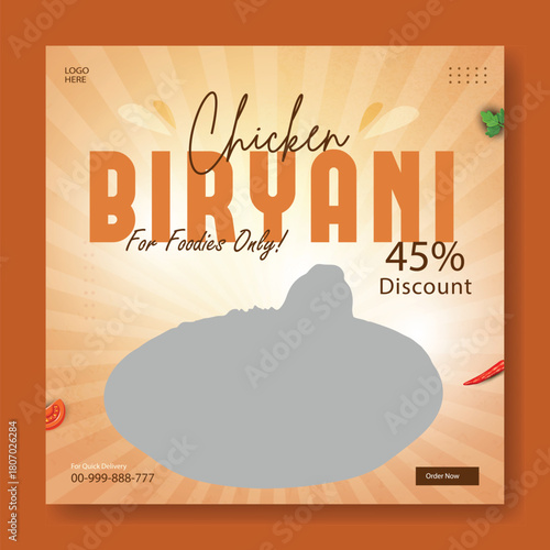 Delicious chicken biryani served in a bowl with a drumstick on top and a special offer discount