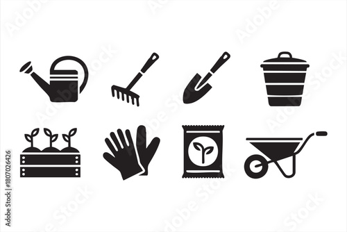 Gardening Icons Set for Web Interfaces, Planting Tools, and Outdoor Soil Workflows