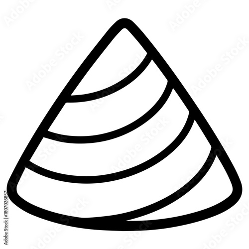 Minimalist line icon of a conical seashell with bold curved bands, drawn in a clean black outline on a white background—perfect for beach-themed stickers, logos, and coastal decor.