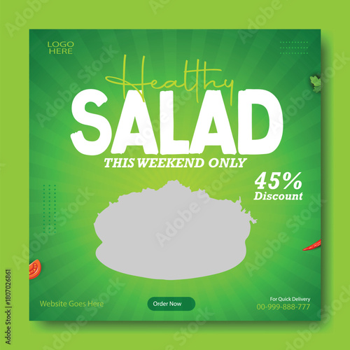 Vibrant and fresh healthy salad with colorful ingredients displayed on a bright green background with text