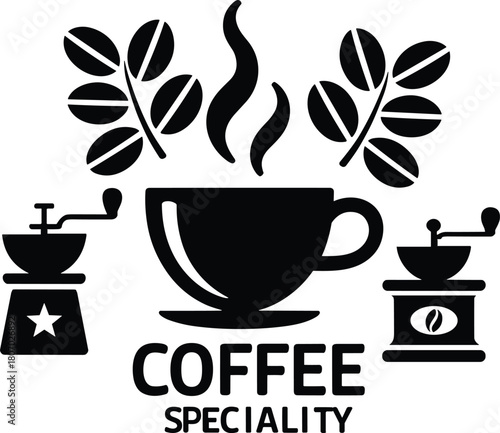 Black coffee cup with steam and coffee beans on branches vector