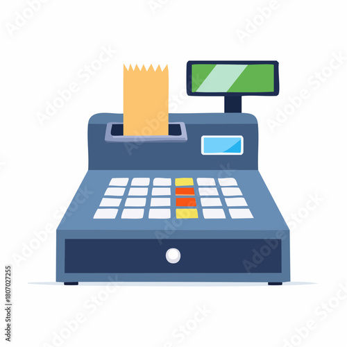 Illustration of a blue cash register with a receipt and a display screen.