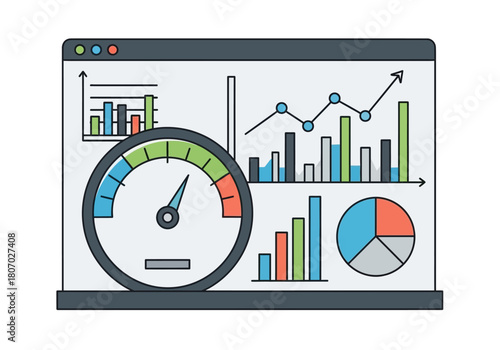 Infographic illustration of a browser window displaying various colorful business charts and graphs on a white background.