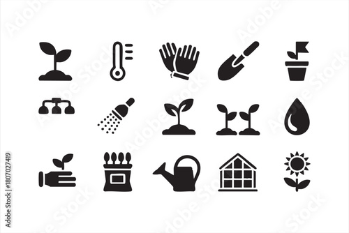 Plant Growth and Watering Icons for Garden UI, Soil Tools, and Agriculture Platforms