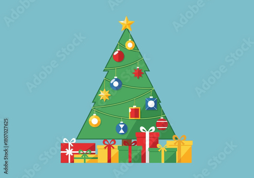 A green Christmas tree decorated with colorful ornaments and gifts on a blue background in a flat lay composition with a festive mood.