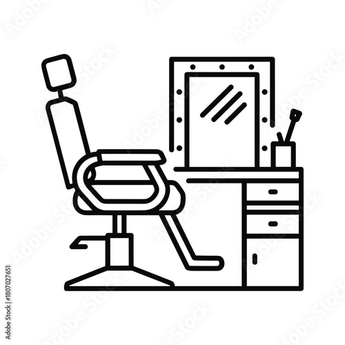 Barber chair and vanity with mirror and brushes, isolated on