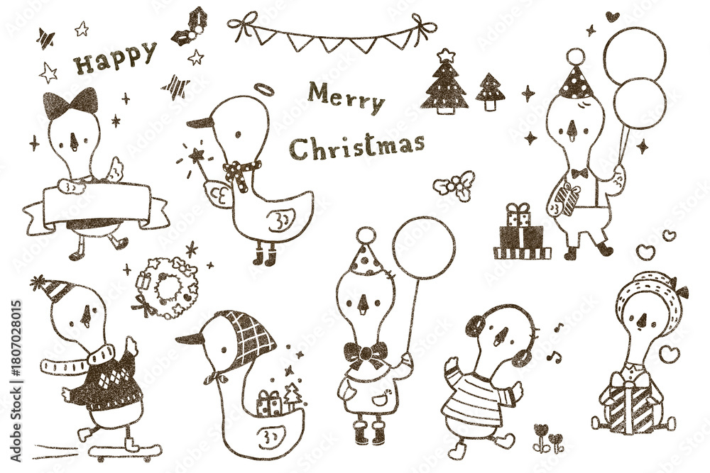 Obraz premium Cute Christmas Goose Character Set in dark brown Stencil Stamp Style. Minimal , Modern vintage and cozy handmade style. Isolated , Transparent background .