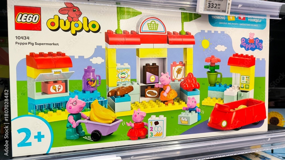 Fototapeta premium LEGO DUPLO Peppa Pig Supermarket set on shelf | Colorful toddler toy with characters | Concept of preschool toys, parenting, retail editorial