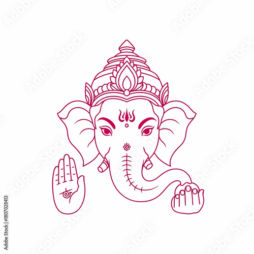 A stylized illustration of the Hindu deity Ganesha, depicted with intricate line art and a welcoming gesture.