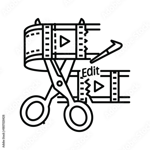 Scissors cutting film strip with play button icon, representing video editing, isolated on