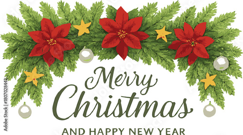 Merry Christmas with Poinsettias and Silver Ornaments