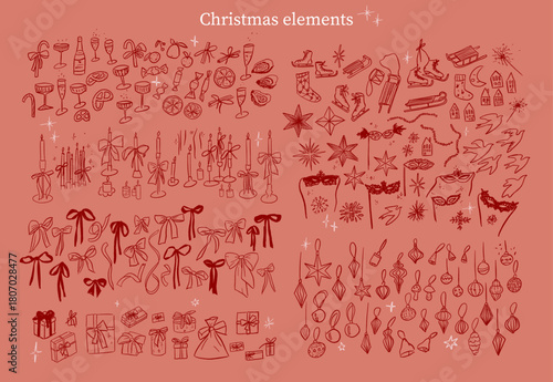 Hand drawn sketch elegant delicate spruce winter Christmas elements