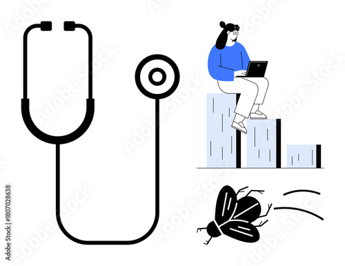 Stethoscope highlights medicine, individual working on laptop symbolizes progress, fly represents adaptability. Ideal for health, technology, productivity, innovation, growth, problem-solving
