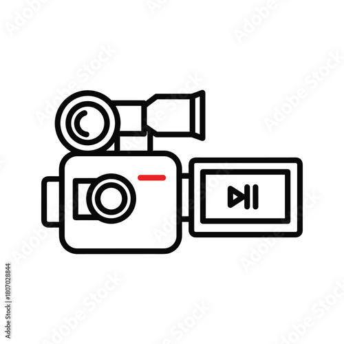 Line art icon of a professional video camera with a flipout screen showing playpause icons, isolated on