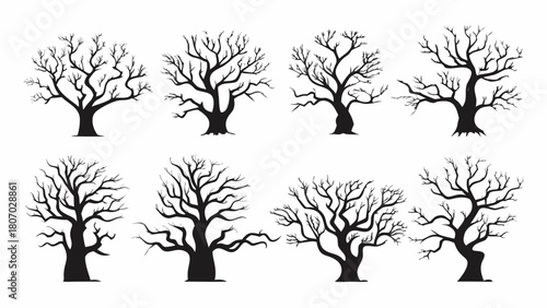 Spooky bare trees collection, dark silhouettes, isolated designs for Halloween, autumn, nature, and seasonal themes. Creepy, graphic, and vector-inspired art