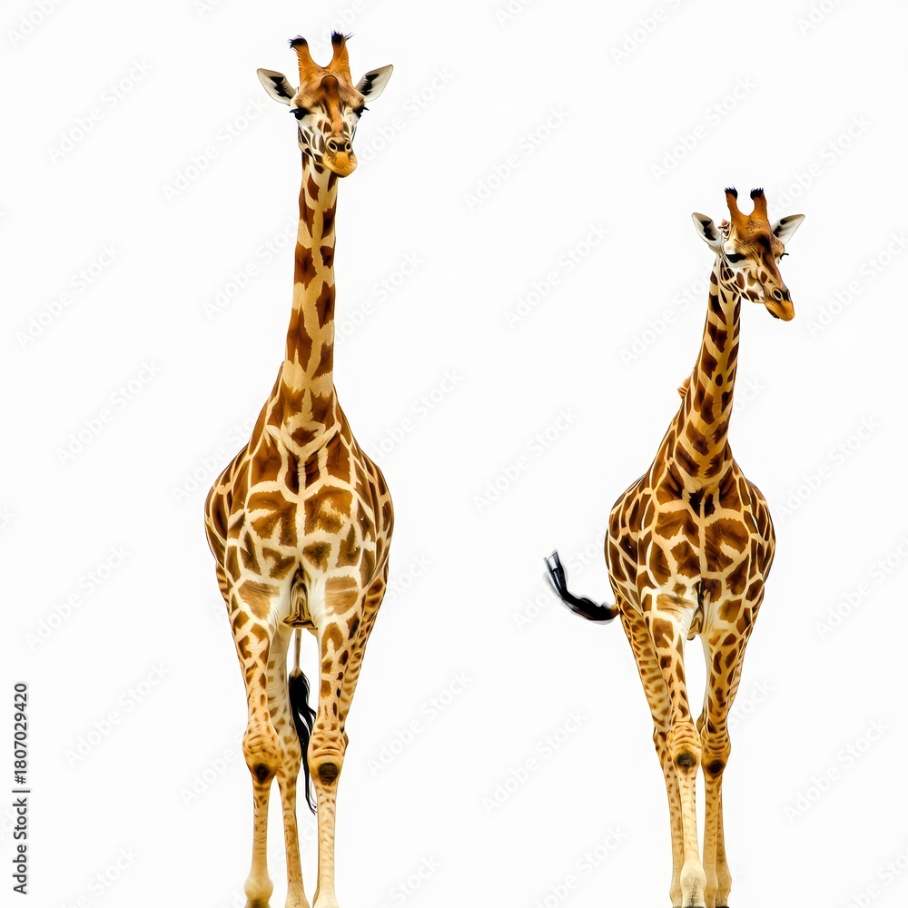 Fototapeta premium Two Giraffes Standing Facing Forward on White Background