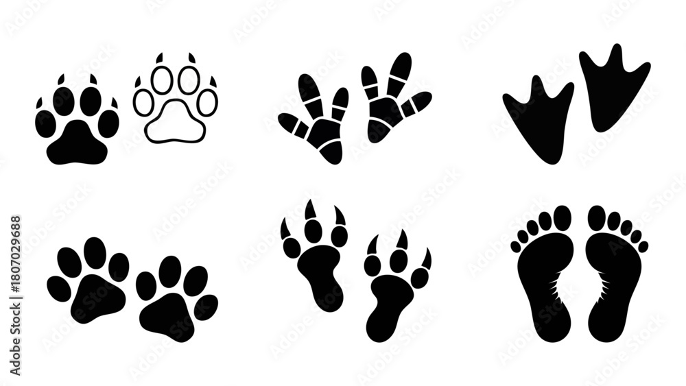 Fototapeta premium Collection Of Paw Prints Silhouettes For Pets And Animals, Playful Footprint Graphics For Design
