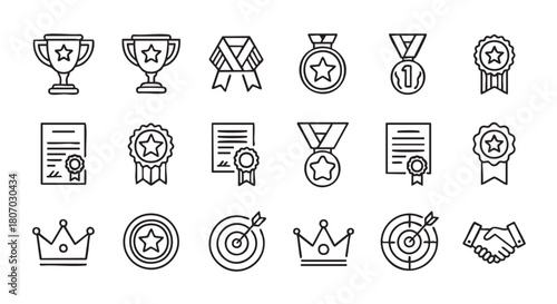 Achievement and recognition icons in outline style for graphic design projects