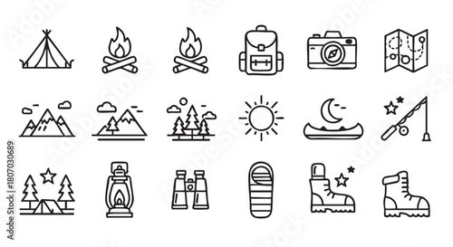 Camping Adventure Icons Vector Illustration For Outdoor Activities and Recreation