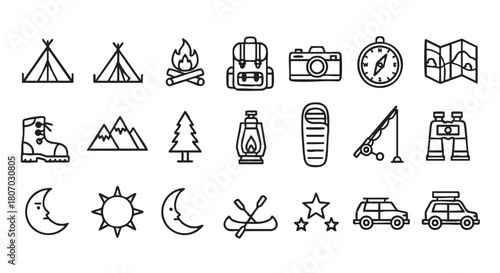 Camping and Outdoor Adventure Icons with Nature Elements Symbols Set