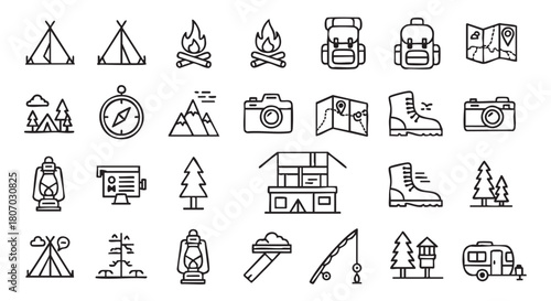 Camping and outdoor recreation vector icon set in line art style