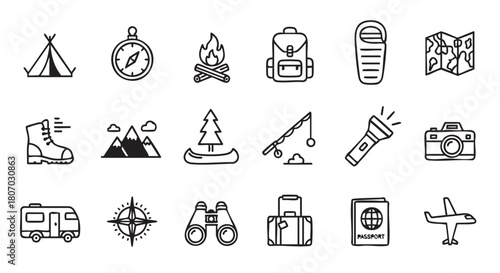 Camping and Outdoors Icons Set Tent Compass Fire Vector Illustration