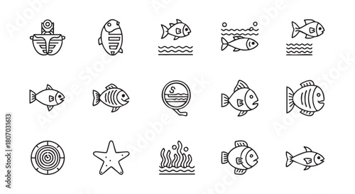 Collection of sea animals and objects in simple line art style