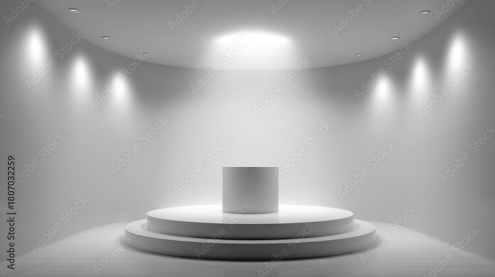 Fototapeta premium Empty illuminated display stage with circular tiered platforms and spotlight illumination