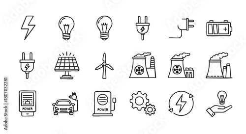 Doodle style drawing showing various sources of renewable and sustainable energy
