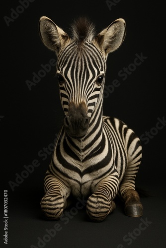 Baby zebra sitting in studio portrait with detailed stripes (JPEG 300DPI 7200x10800)